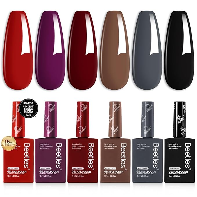 Beetles HEMA-Free Gel Polish Set – 6 PCS 15ml Burgundy Dark Red Brown Black Gray Colors Gel Nail Kit UV Nail Polish Color DIY Midnight Elegance Manicure Home Salon Valentines Gifts for Women