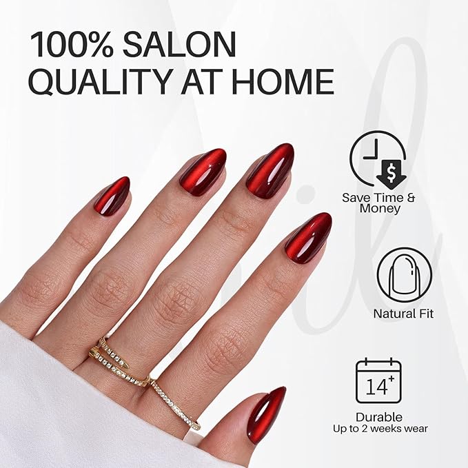 Dark Red Cat Eye Press on Nails Almond - SHANGMENG Soft Gel Valentines Short Press on Nails for Women Gift, Glossy Glue on Nails in 16 Sizes - 32 Reusable Fake Nails Kit with Glue, Wine
