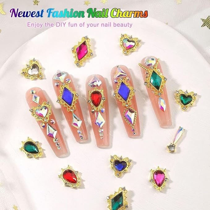 24pcs Green Luxury Nail Charms + 2000pcs Emerald Green Rhinestones 3D Big Gems Glass Crystals Diamonds Jewelry Stones Alloy Art Studs Decor Supplies Heart Charms for Arylic Nails Crafts