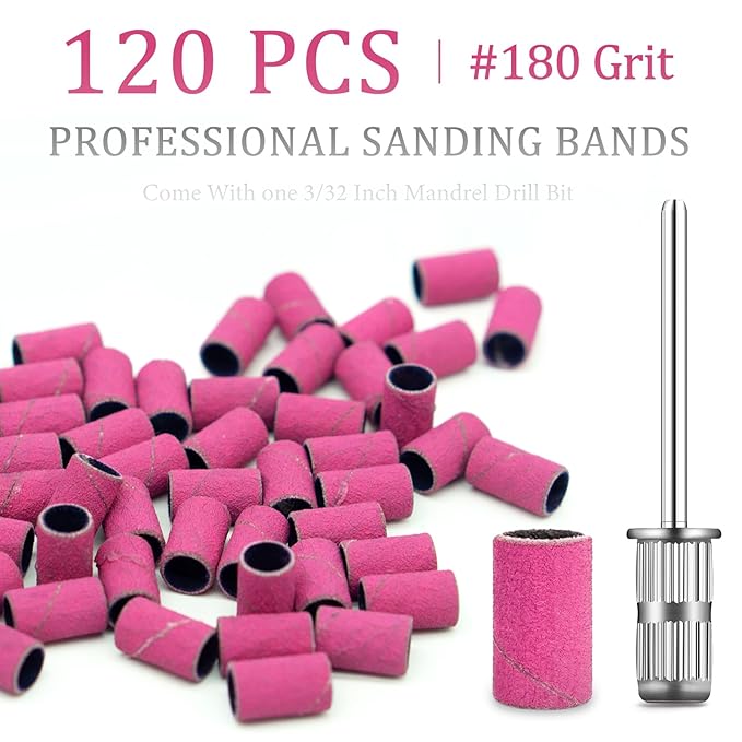 120Pcs Nail Drill Bits Sanding Bands with Nail Drill Bits, Professional Sand Band 180# Fine Grit Nail File Sanding Bands for Acrylic Nails Manicures and Pedicure