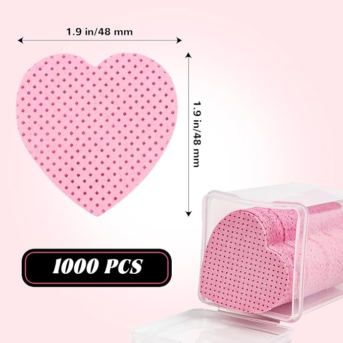 1000 PCS Lint Free Nail Wipes, Heart Shape Nail Cleaning Pads, Nail Polish Remover Wipes for Lash Extension Supplies, Absorbable Eyelash Extension Glue Cleaning Wipe (Pink)