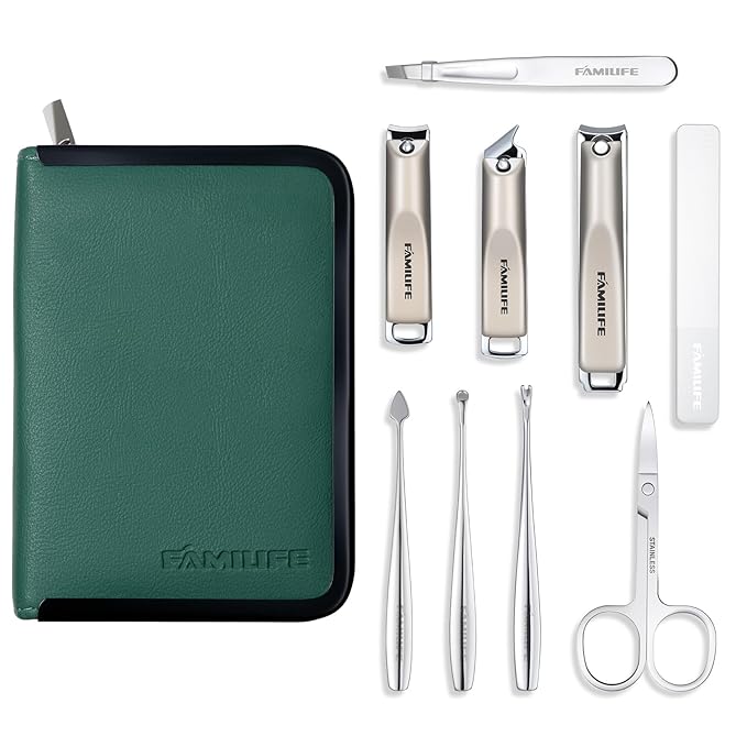 FAMILIFE Manicure Kit for Women, 9 Pcs Compact Carbon Steel Nail Grooming Kit with Case, Portable Green Travel Manicure Set for Home (Green)
