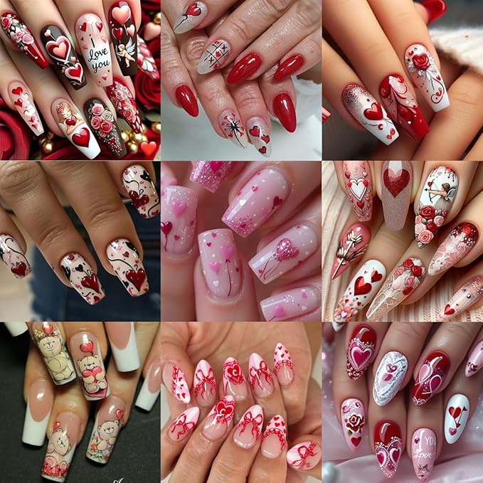 6 Sheets Valentines Day Nail Art Stickers 3D Self-Adhesive Heart Nail Stickers Romantic Cupid Angel Dwarfs Bear Lovers Designs Red Pink Nails Art Supplies Valentines Nail Decals for Women DIY
