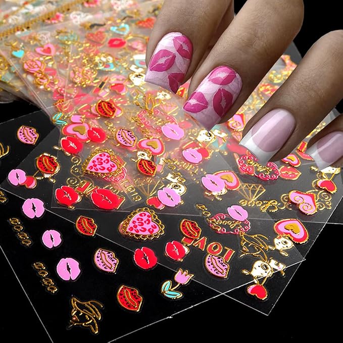 Lips Nail Stickers for Valentine's Day, 3D Gold Nail Decals Foils Nail Art Supplies Valentines Heart Red Lip Self-Adhesive Nail Design Metallic Nail Stickers for Women Girls DIY Nail Decoration 30 PCS
