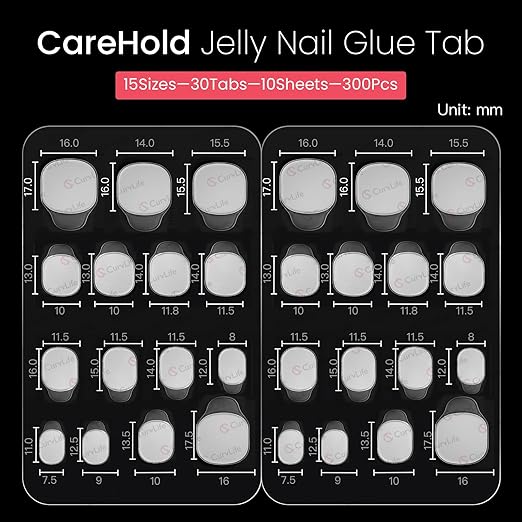 Curvlife CareHold Pro Nail Adhesive Tabs for Press On Nails – 10 Sheets, 15 Sizes Extra Wide 0.3mm Ultra Thin Double Sided Sticky Tabs, Clear Nail Stick Ons for Daily Wear and Gentle Removal