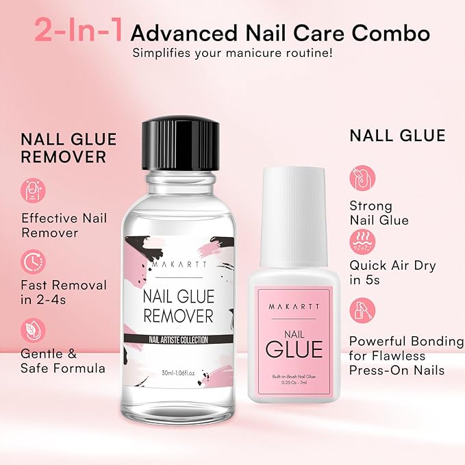 Makartt Nail Glue with Remover Kit: Super Strong,Quick Dry Nails Adhesive for Press-Ons 7ML, with Press on Nail Glue Remover, 30ML Fast Removal Debonder with 2 Droppers DIY Manicure at Home Salon
