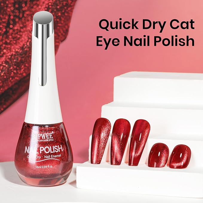 Burgundy Cat Eye Nail Polish Non Gel, Quick Dry Magnetic Nail Polish for Fingernail Air Drying Fast Lacquer, Chip Resistant, Vegan, Fast Drying, Long Lasting16ml/0.54fl oz