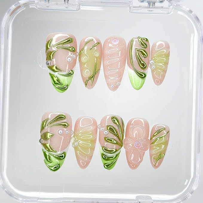 Luxury Press On Nails Medium Almond Handmade 3D Unique Reusable ABS Material False Nails Green with Designs Pearls Floral Art Petal Glossy Glue on Nails Thick Acrylic Nails (10 Pieces, 1 Set)