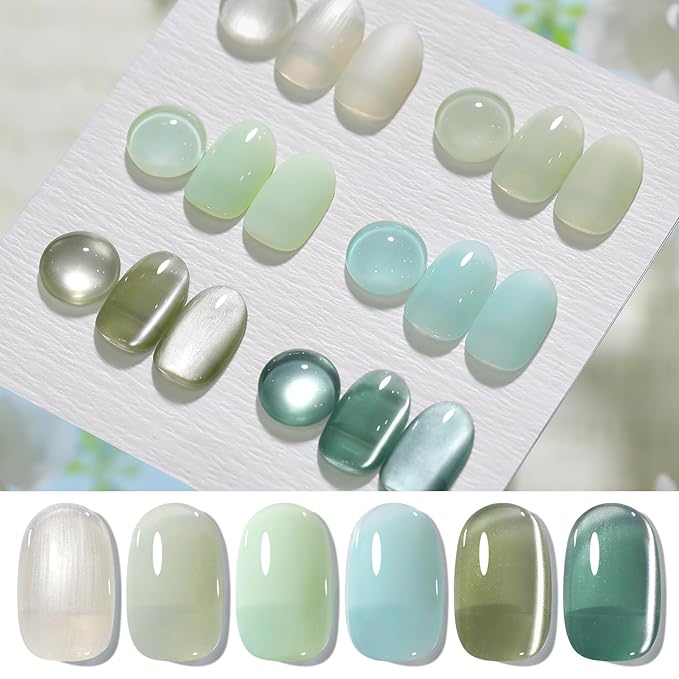 Born Pretty Green Gel Nail Polish,Spring Summer Jelly Transparent Gel Polish,Cat Magnetic Eye,Shimmer Glitter Green Gel Polish Kit for Salon Manicure and Nail Art DIY at Home 6Colors