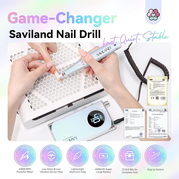 SAVILAND Advance Nail Drill for Acrylic Nails Professional: 40000RPM Nail Drill 6000mAhm High Capacity 2025 Rechargeable Electric Nail File 13 Drill Bits for Nails Manicure Pedicure E File Sky Realm