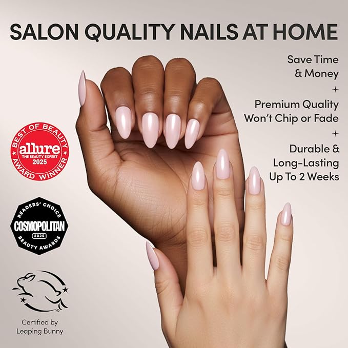 Glamnetic Press On Nails - First Kiss Fake Nails | Short Almond Neutral Pink Nails with a Glaze Finish | 15 Sizes - 30 Nail Kit with Glue