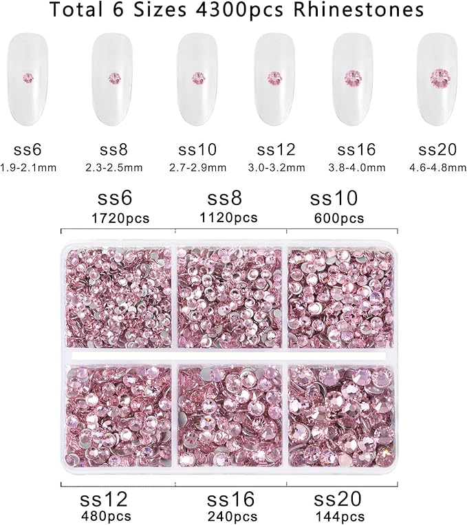Beadsland 4300pcs Flatback Rhinestones,Pink Rhinestone Nail Gems Round Crystal Rhinestones for Crafts,Mixed 6 Sizes with Picking Tweezers and Wax Pencil Kit, SS6-SS20,Light Rose/Light Pink