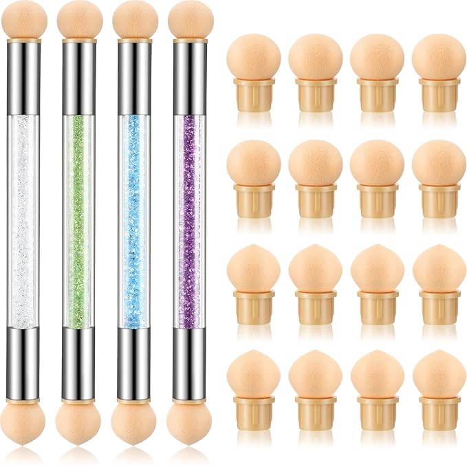 Maitys 4 Pcs UV Gel Gradient Sponges Pens with 16 Pcs Replacement Head Nail Sponges for Ombre Double Head Brush for Nail Art Manicure DIY Tools(White, Green, Purple, Blue)