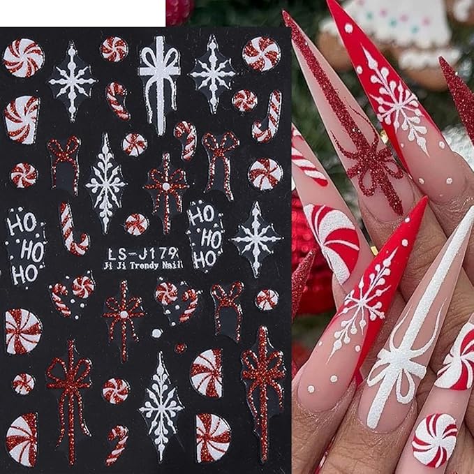 7 Sheets Christmas Nail Stickers Xmas Nail Design Decals - Snowflake,Bows,Candy Cane,Santa Tree Stickers with Pink,Red,Gold,Silver Glitter,Christmas DIY French Manicure Decor for Women Girls