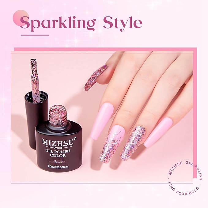 MIZHSE Glitter Gel Nail Polish Pink Sparkly Diamond Holographic Effect Soak off UV LED Gel Polish Chunky Gels Home DIY Salon Nails Art Design
