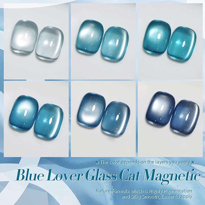 Born Pretty Magnetic Gel Nail Polish Blue Water Light Cat Magnetic Eye Gel Jelly Glass Crystal Magnetic Gel Polish Glitter Shimmer Auroras Magnetic Gel Nail Art Manicure Kit 6PCS