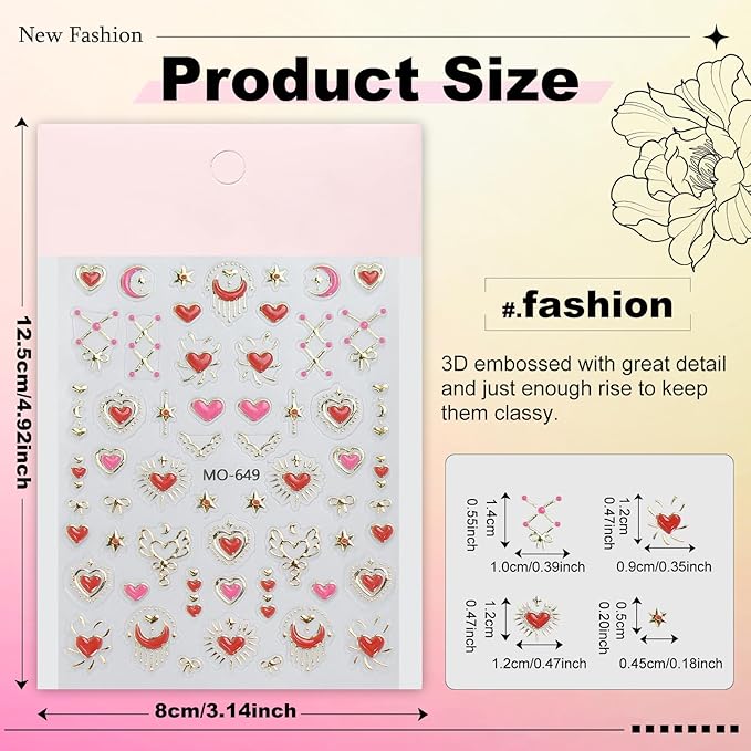 3 Sheets Valentines Nail Stickers for Nail Art Gold Baroque Jewel Red Blue Pink Heart Love Moon Bow Designs 5D Embossed Self Adhesive Nail Decals for Women DIY Manicure Decoration YX1237