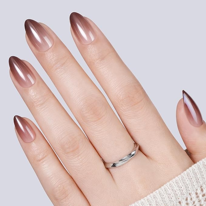 UNA GELLA 32Pcs Soft Gel Press on Nails - 16 Sizes Brown Ombre Chrome Almond Glue on Nails, Reusable Metallic Gradient Short Almond False Nails, Full Cover Acrylic Nail Kit for Women DIY Home Manicure