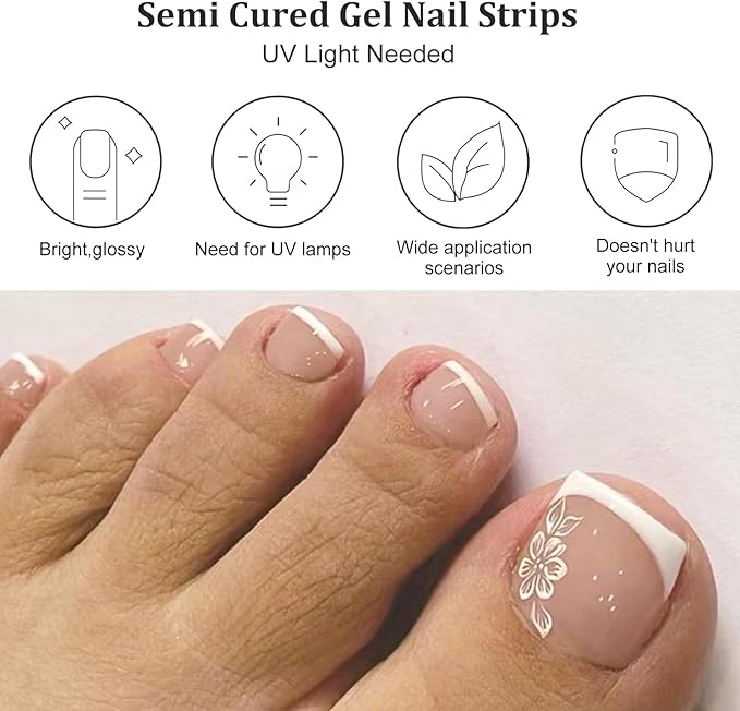 26 Pcs Semi Cured Gel Toe Nail Strips White Flower Gel Nail Stickers Full Cover Nails Wraps Nude French Toe Nails Polish Strips Stickers for Women UV/LED Light Required