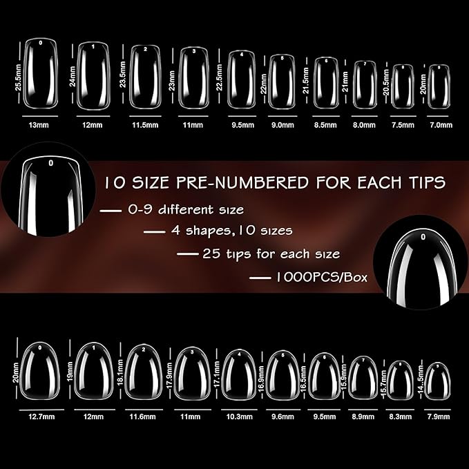 ELLEWIN 1000PCS Nail Tips Clear False Nails Full Cover for Acrylic Nails Kit 10 Sizes 4 Shapes Long Almond Square Coffin Oval Pre-Shape for Salon Home DIY Gifts