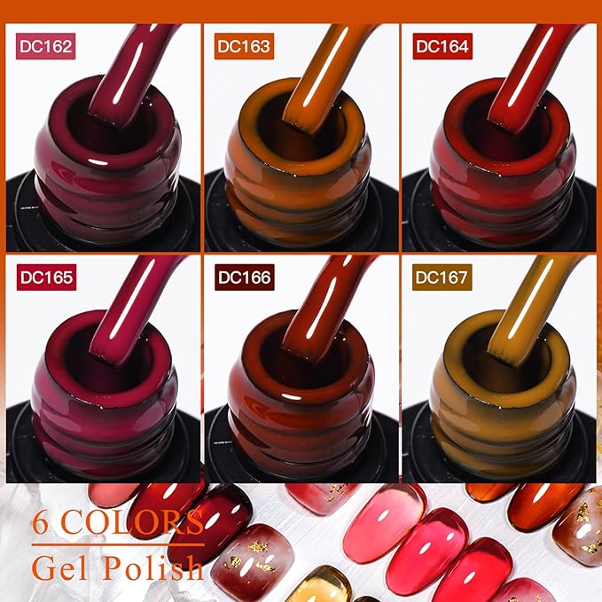 MTSSII Nude Brown Jelly Gel Nail Polish Set 6PCS Jelly Gel Polish Kit Crystal Nail Polish Red Coral Caramel Orange Amber Brown Green Nail Art Manicure DIY Gift
