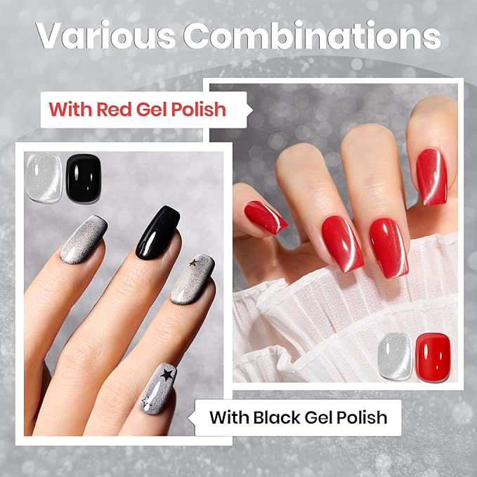 Beetles Silver Cat Eye Gel Polish, 15ML Silver Glass Cat Eye Glitter Gel Polish with Magnet Shimmer Translucent Sheer Color Soak Off UV Lunar Gleam Series French Nail Art Gift for Women