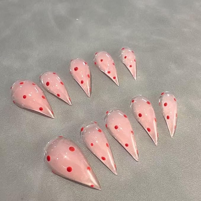 Handmade Press on Nails Red Polka Dot Fake Nails Designs Extra Curved Stick on Nail Full Cover Pink Eagle Claw False Nails Luxury Thicked Long Stiletto Acrylic Nail for Women (Size S)