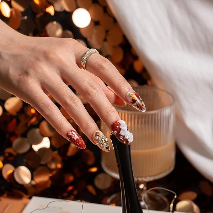 LOVFUL Press on Nails Golden Cascade | Handmade with Full Covered Crystals | Reusable Fake Nails | Almond Regular 1.0 in | H343-L