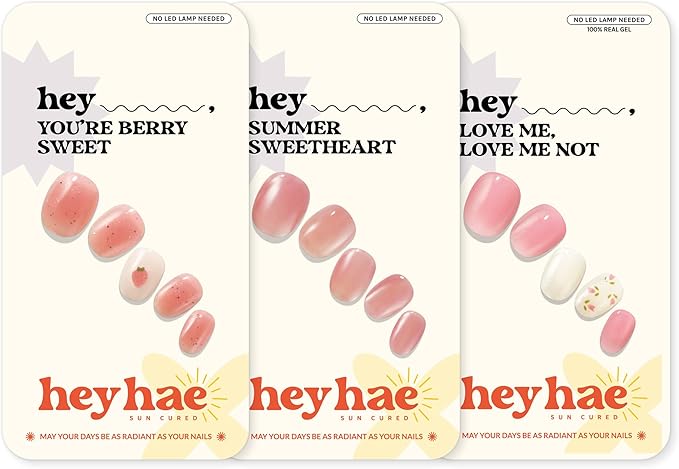 Heyhae Semi Cured Gel Nail Strips Assorted Bundle (3 Pack) | No LED Lamp Needed | Easy Apply & Remove, Salon Quality | Includes Strips, Prep Pads, Nail Files & Wooden Sticks - Sweet Pink
