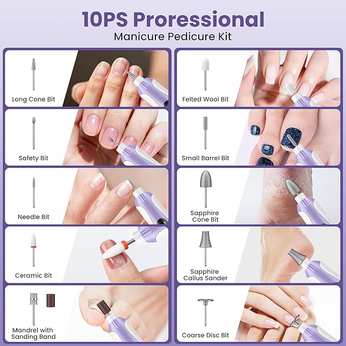 Nail Drill, Electric Nail File & 10-Speed Cordless Nail File, 10 in 1 Kit for Thick Toenails, 2000mAh Rechargeable Portable Manicure Pedicure Kit with LED Display Ideal Gift for Men & Women(Purple)