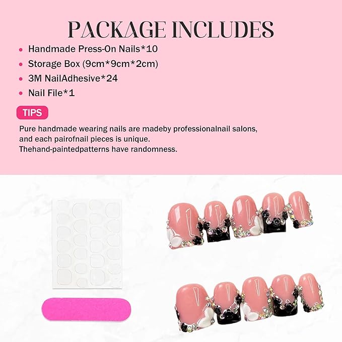 Handmade Press on Nails Short Square Black French Tip Thick Acrylic Fake Nails 3D Floral False Nails with Rhinestones Designs Luxury Full Cover Stick on Nail for Women Nail Art DIY 10Pcs (Size M)