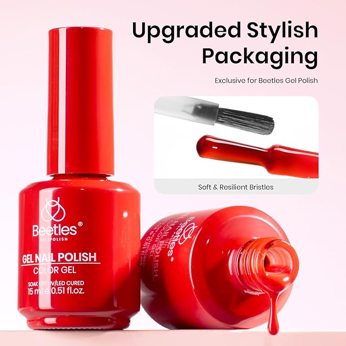 Beetles Red Gel Nail Polish – 15ml Classic Bright Red Soak Off UV LED Gel Polish Same Color Bottle for Salon DIY Manicure Gift for Women