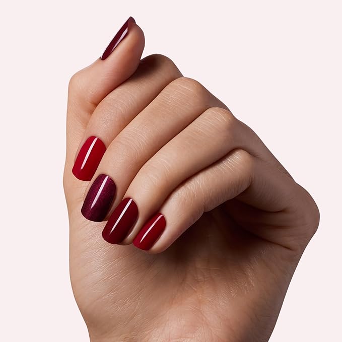 Dashing Diva Glaze Nail Strip 3-in-1 Kit - Best of Reds - Long Lasting, Chip Resistant, Semi-Cured Gel Nail Strips - Contains 96 strips, 3 prep pads, 3 manicure sticks, 1 nail file