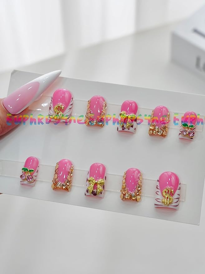 Euphrosyne 10pcs Pink Short Square Press On Nails – Fake Nails with Rhinestones, Zebra Print & 3D Butterfly Charms | Cute Stick-On Nail Art for Women or Teens, Daily or Party Wear
