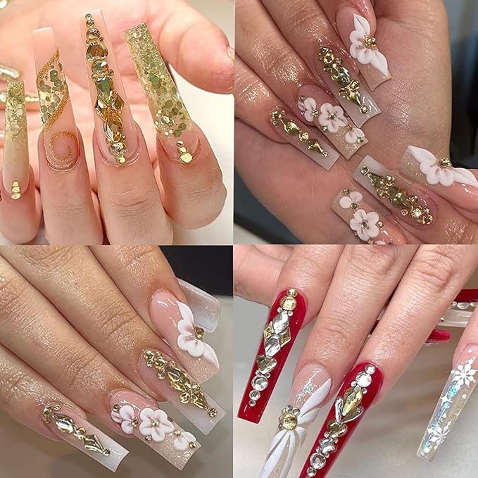HNUIX Nail Rhinestones - 3D Multi Shape Size Crystal, Champagne Gold Nail Gems, Flat Back, with Kit, for Nail Art, DIY Decorations