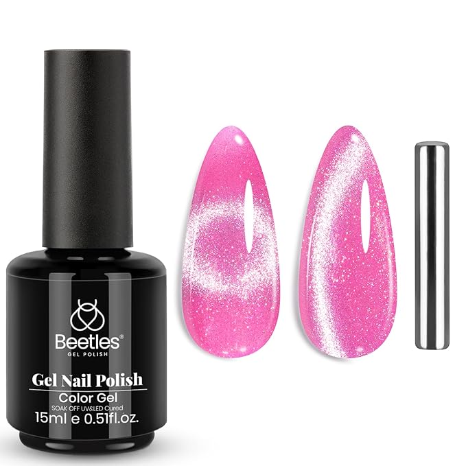 Beetles Pink Cat Eye Gel Nail Polish - 15ML Valentines Gel Polish Pink Cat Eye Glitter Magnetic Velvet Effect Soak Off UV French Nail Art Salon DIY Home Manicure Spring Gift for Women