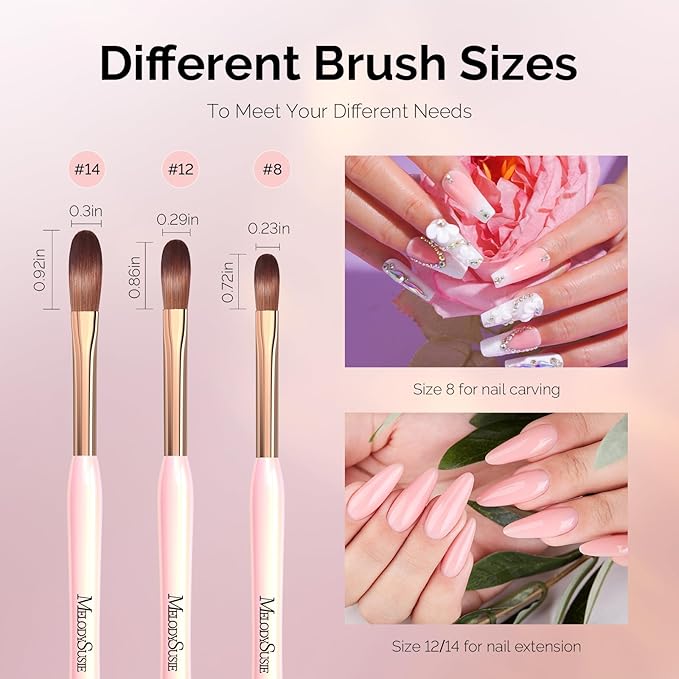 MelodySusie 3Pcs Acrylic Nail Brush Set, Size 8/12/14 for Extension and 3D Carving,DIY Home Salon Manicure Tool, Pink