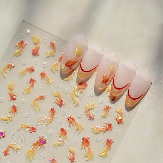 Dedyel 5D Embossed Cute Goldfish Nail Art Stickers Cartoon Kawaii Design Anime Self Adhesive Nail Stickers for Women Kids Girls Nails Art Decorations