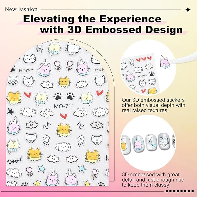 6 Sheets Cute Cat Dog Nail Stickers for Nail Art Adorable Kitty Bow Designs 3D Embossed Self Adhesive Nail Decals for Women DIY Manicure Decoration YX1234