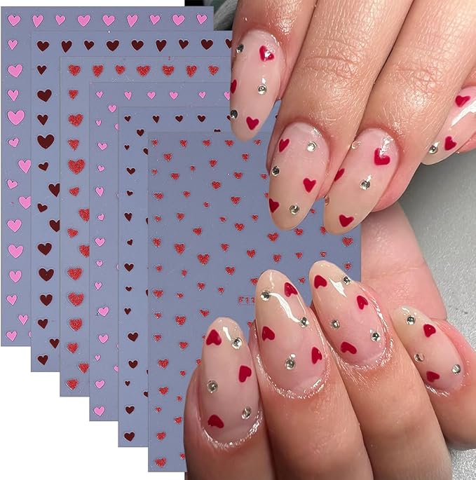 6 Sheets Valentines Nail Stickers for Nail Art 3D Self-Adhesive Red Pink Mini Heart Nail Art Stickers Romantic Love Hearts Nails Designs Supplies for Women Valentine Holiday Nails Decorations