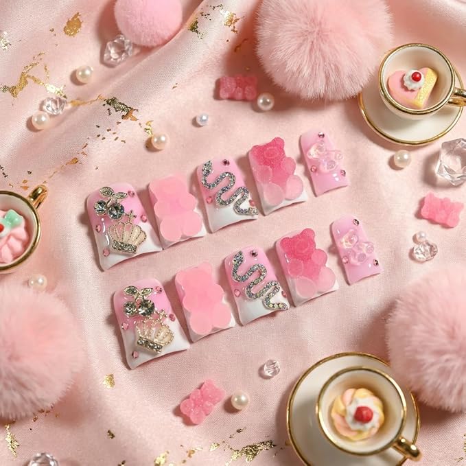 10 Pieces Luxury Acrylic Press On Nails Short Handmade Duck Nails, Glow In The Dark 3D Sugar Frosted Bear, Pink Cute Candy Bear, Thickened False Nails, Reusable Acrylic Nails (M)