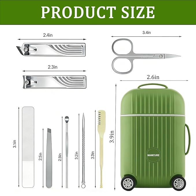 Manicure Set 8 in 1 Stainless Steel, Nail Clippers Scissors Pedicure Tools Kit - Portable Travel Grooming Kit for Men and Women with Mini travel box packaging, Rollable Wheels (GREEN)