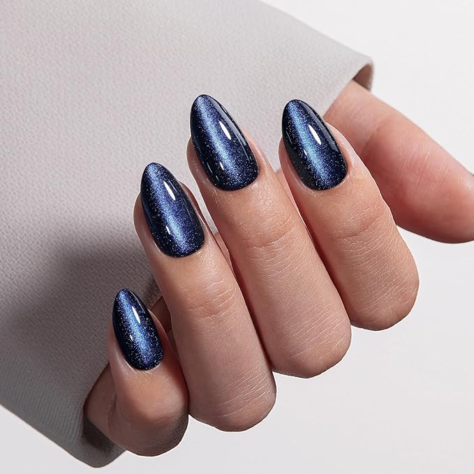 VSALON Press on Nails Almond Short for Newbies, Dark Blue Cat Eye Chrome Glossy Glitter Stick On 32 pcs Fake Nails Kit in 16 Sizes, Reusable Opaque Gel Nails with Glue, Cuticle Stick & Nail Buffer