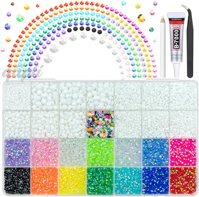 Pure White Resin Rhinestones w B7000 Glue for Crafting Bedazzling 2mm-6mm Flatback Colorful Jelly Stones Diamonds Gems Bedazzler Kit for Nails Face Eyes Makeup Tumblers Bottles Shoes DIY Crafts