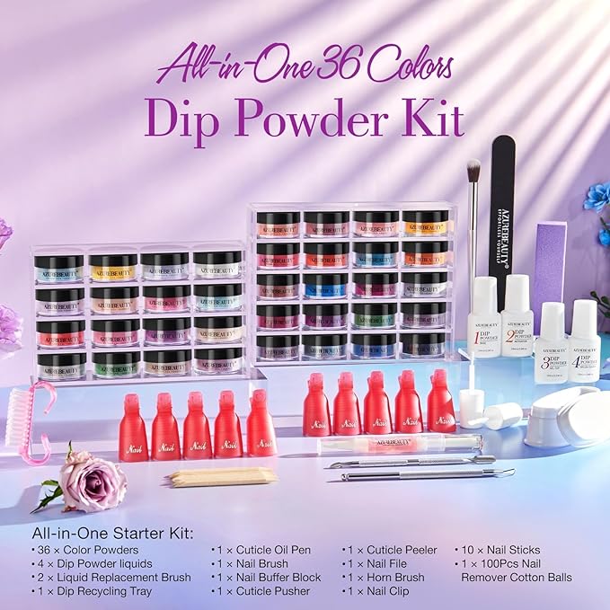 AZUREBEAUTY 170Pcs Dip Powder Nail Kit Starter 36 Colors Pink Red Purple Christmas Dipping Powder with Base/top Coat Activator Dip Liquid Set + Nail Removal Accessories Set for Gift