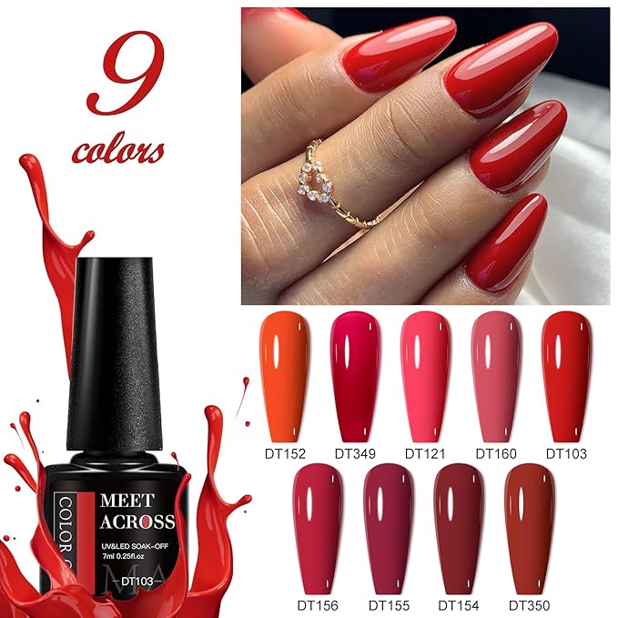 MEET ACROSS 12pcs Gel Nail Polish Set,Soak Off UV LED Lamp Gel Nail Polish Kit,Fashion Shimmer Nail Art Design Gifts for Women Manicure Salon (Red)