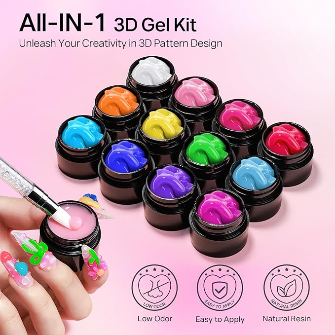 MIZHSE 12 Colors 3D Nail Gel Set, Non-Sticky Sculpting Gel for Nail Art Painting Molding Gels with Sculpture Pen Soak Off U V Sculpting Gels for Home DIY Salon Manicure