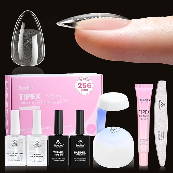 Beetles Tipex Lite Nail Tips Kit with Dehydrator & Primer, Short Almond Full Cover Clear Nails 256PCS 16 Sizes, Mini UV Lamp, 20g Solid Nail Glue, Base & Top Coat, All-in-One Nail Starter Kit
