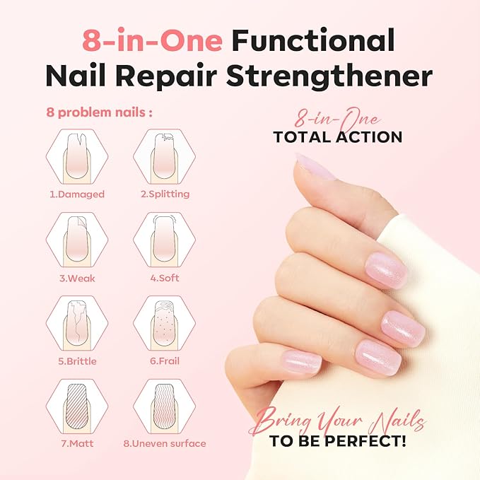 modelones Nail Strengthener Clear Gel Top Coat Nail Polish Cuticle Oil Pen Pink Nail Repair for Damaged Nails Care Kit for Women 15 ml Ridge Filler for Growth