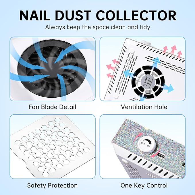 Nail Dust Collector, Cordless Dust Collector Nail Tech, Professional 550PA Vacuum Fan Vent Dust Extractor Quiet Dust Suction Machine for Acrylic Nails Polishing, Nail Salon&Home